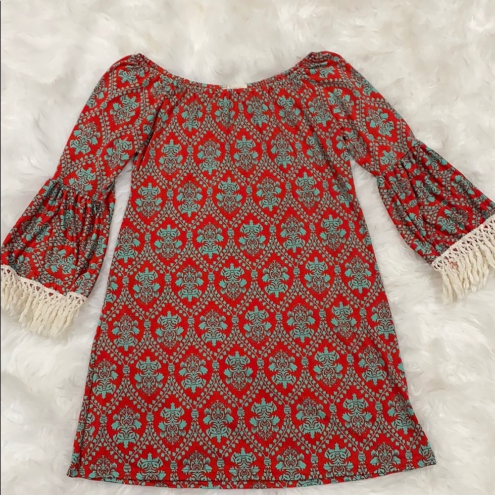 Red and Turquoise Off The Shoulder Dress